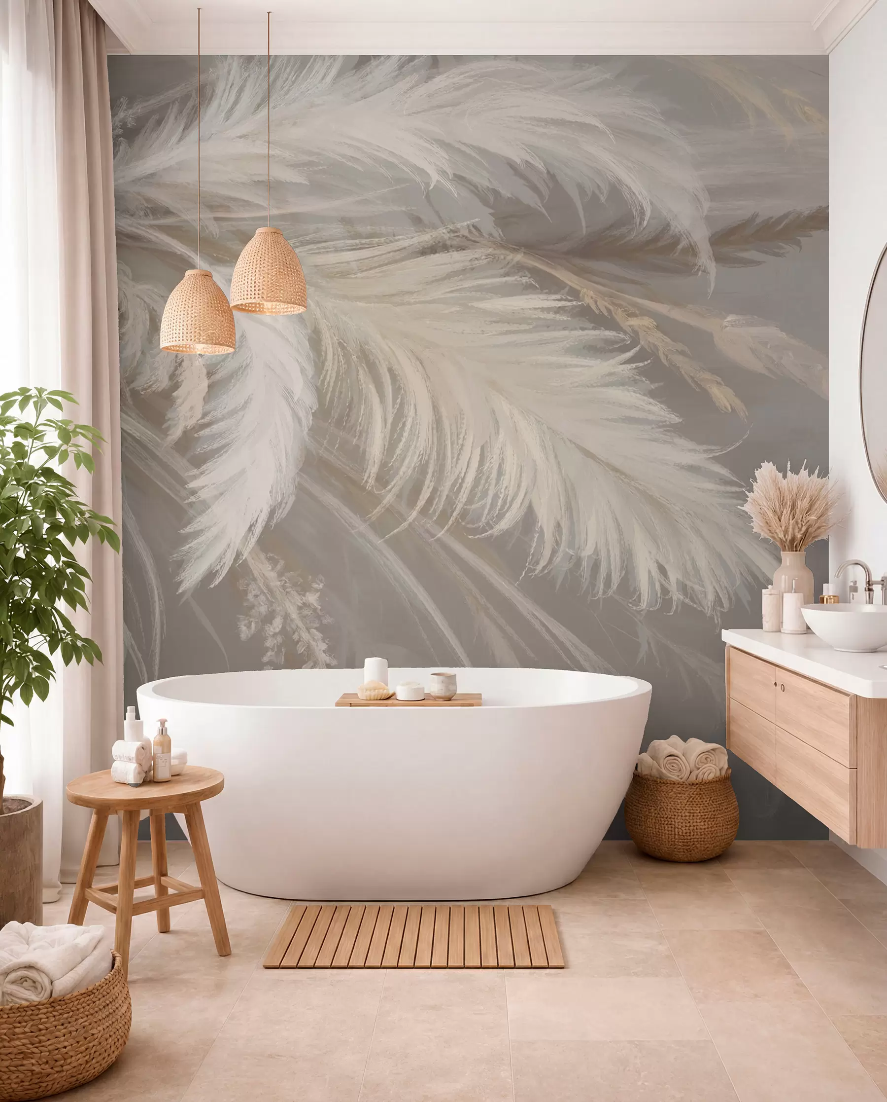 wall murals Soft, fluffy white feathers and dried flowers against a neutral pastel beige background w08403