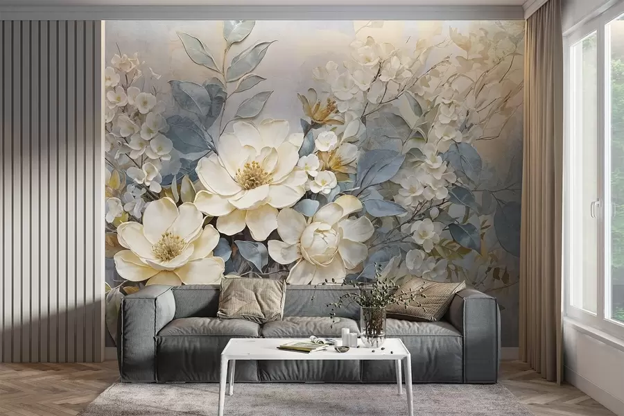 Wall Mural Photo Wallpaper Textured large white and pale yellow flowers with gray-green leaves against a soft, blurred background w08404