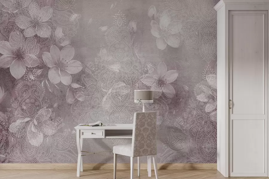 Wall Mural Photo Wallpaper Soft focus drawing of delicate white flowers on a blurred textured lace bordo background w08405v2
