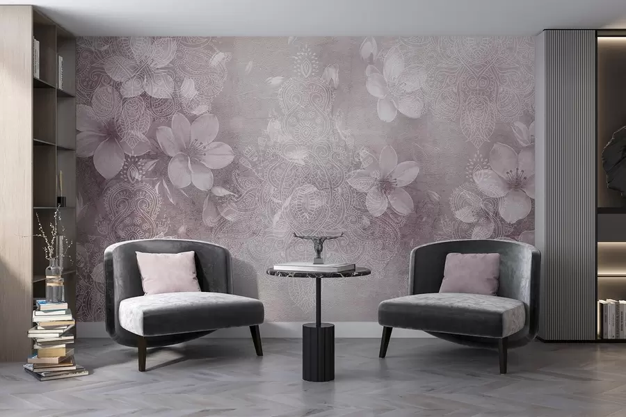 Wall Mural Photo Wallpaper Soft focus drawing of delicate white flowers on a blurred textured lace bordo background w08405v2