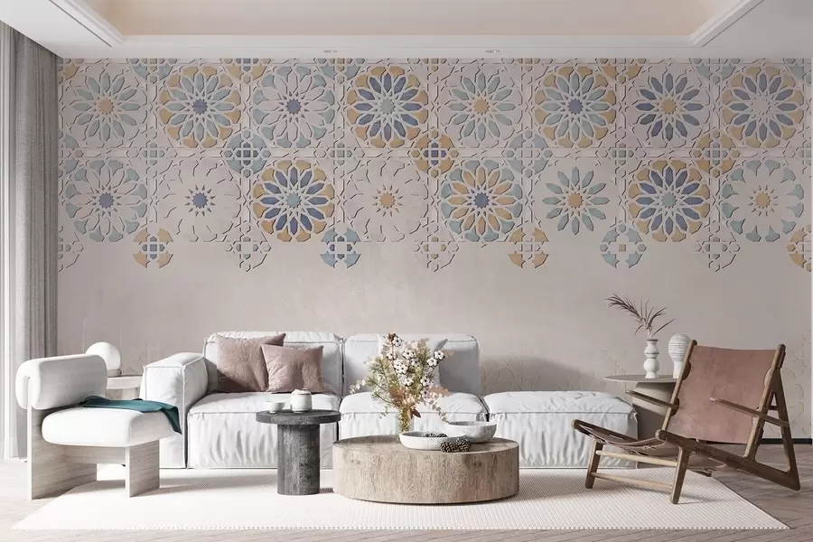 Wall Mural Photo Wallpaper A textured wall with a repeating print of intricate, ornate designs in shades of blue, gray, and beige w08407