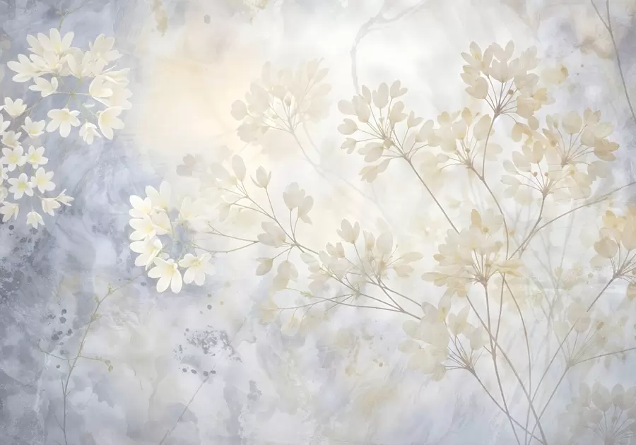 wall murals Delicate abstract pastel print of white flowers on blurred background, soft and ethereal w08408