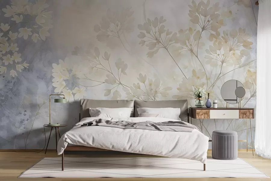 Wall Mural Photo Wallpaper Delicate abstract pastel print of white flowers on blurred background, soft and ethereal w08408