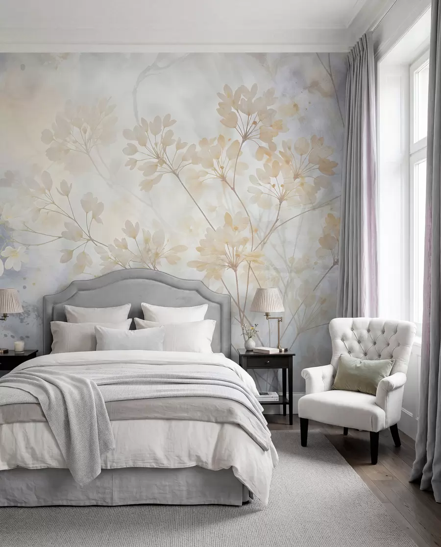 peintures murales Délicate impression abstraite pastel de fleurs blanches sur fond flou, douce et éthérée w08408