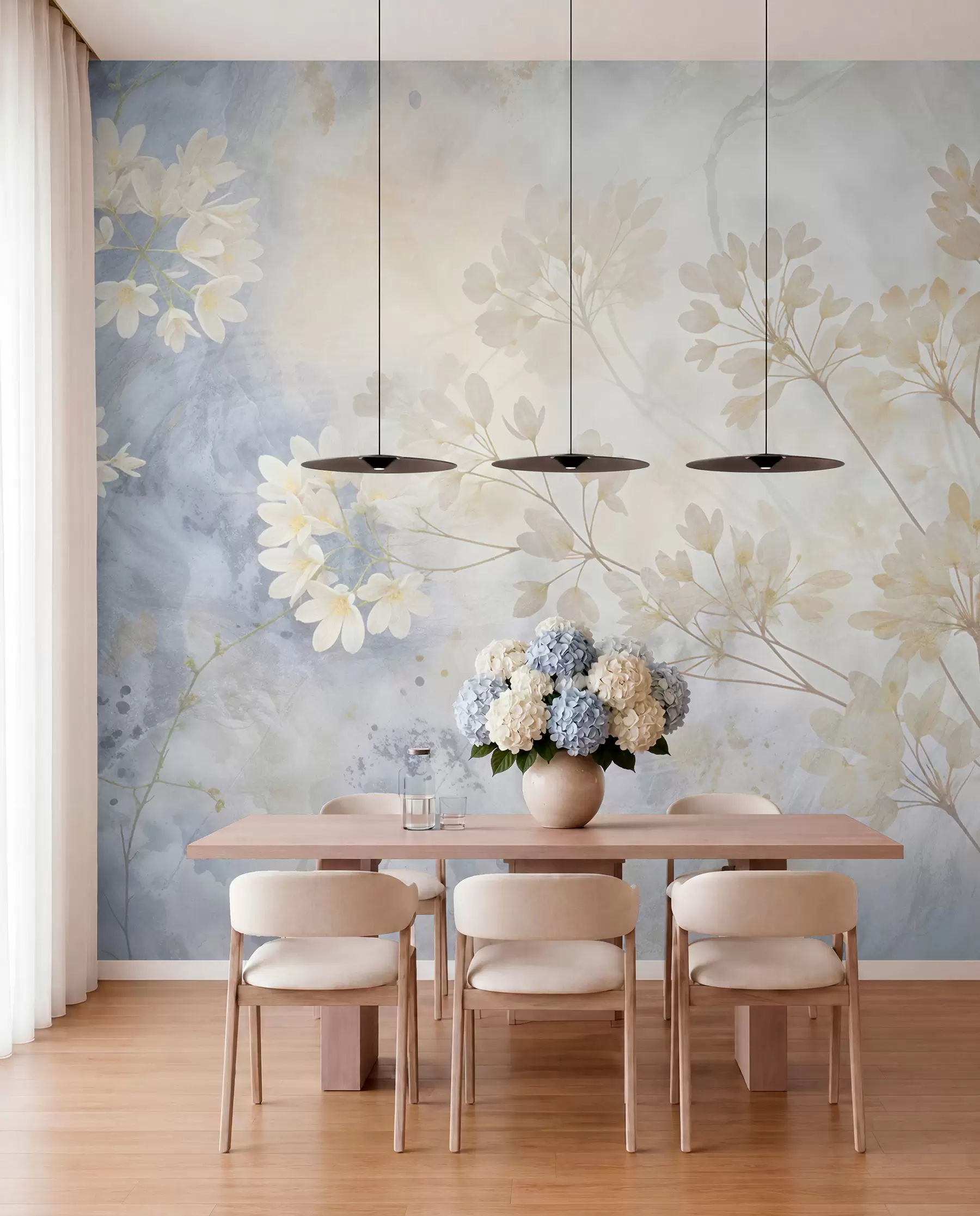 peintures murales Délicate impression abstraite pastel de fleurs blanches sur fond flou, douce et éthérée w08408