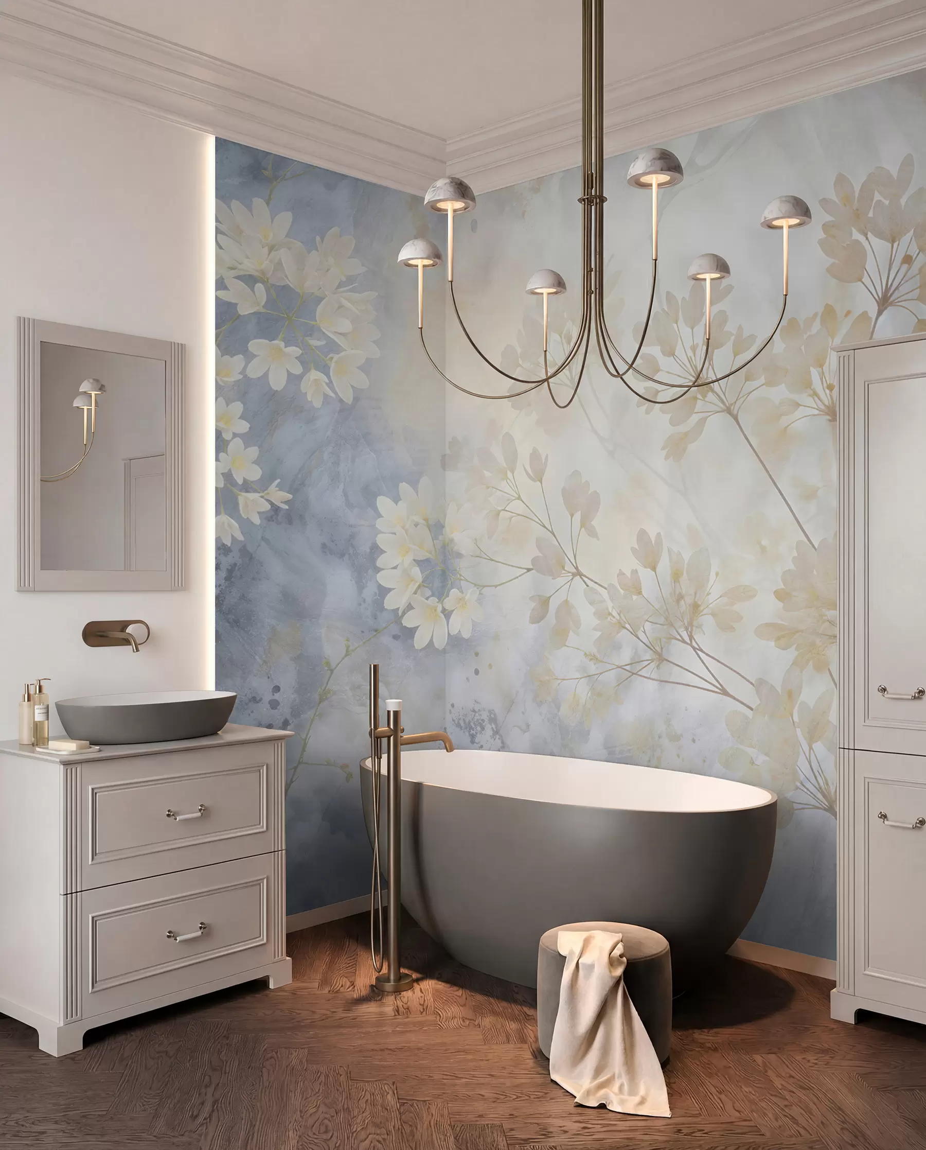 wall murals Delicate abstract pastel print of white flowers on blurred background, soft and ethereal w08408