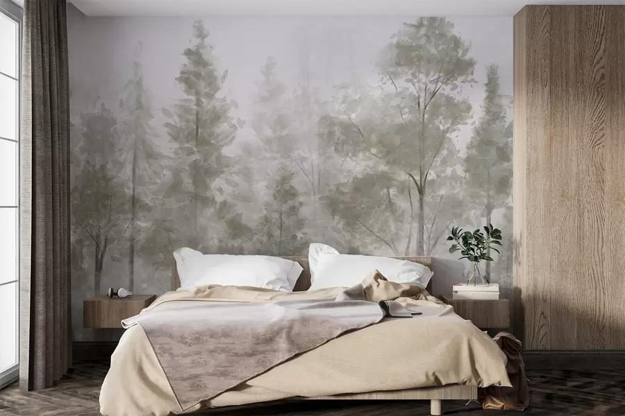 murales Altos pinos texturizados en un bosque brumoso, con una atmósfera neblinosa y brumosa w08411