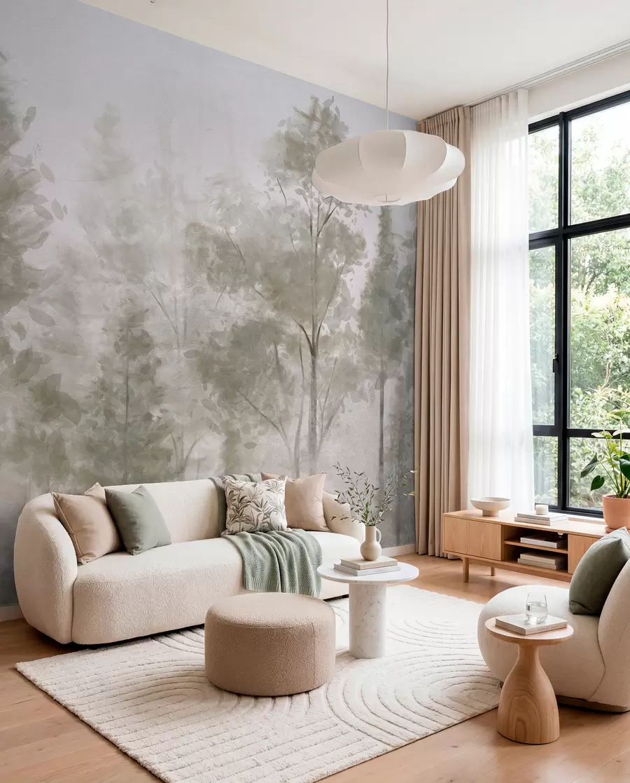 Wall Mural Photo Wallpaper Tall textured pine trees in a foggy forest, with a misty, hazy atmosphere w08411