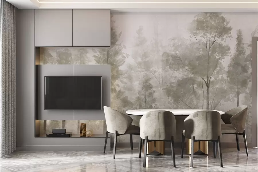 Wall Mural Photo Wallpaper Tall textured pine trees in a foggy forest, with a misty, hazy atmosphere w08411