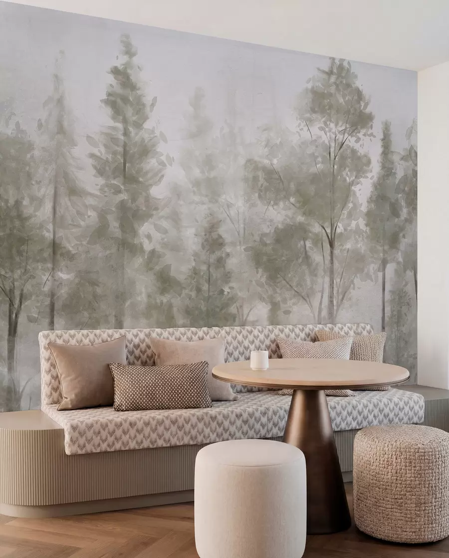 Wall Mural Photo Wallpaper Tall textured pine trees in a foggy forest, with a misty, hazy atmosphere w08411