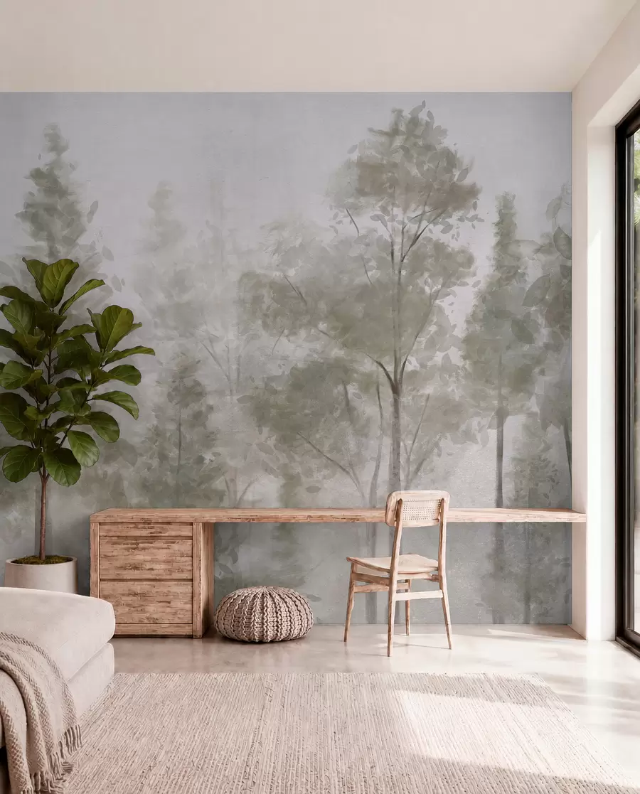 Wall Mural Photo Wallpaper Tall textured pine trees in a foggy forest, with a misty, hazy atmosphere w08411
