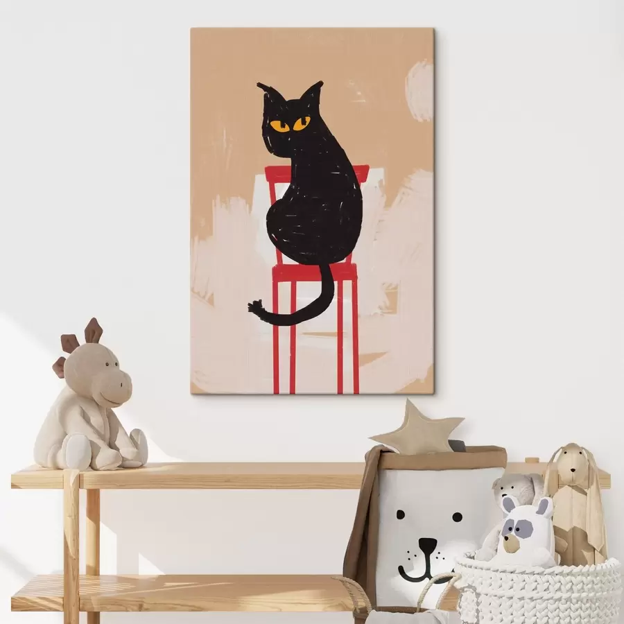 murales Gato negro sentado en silla roja sobre fondo beige, trazos gruesos, imitación de pintura s41612