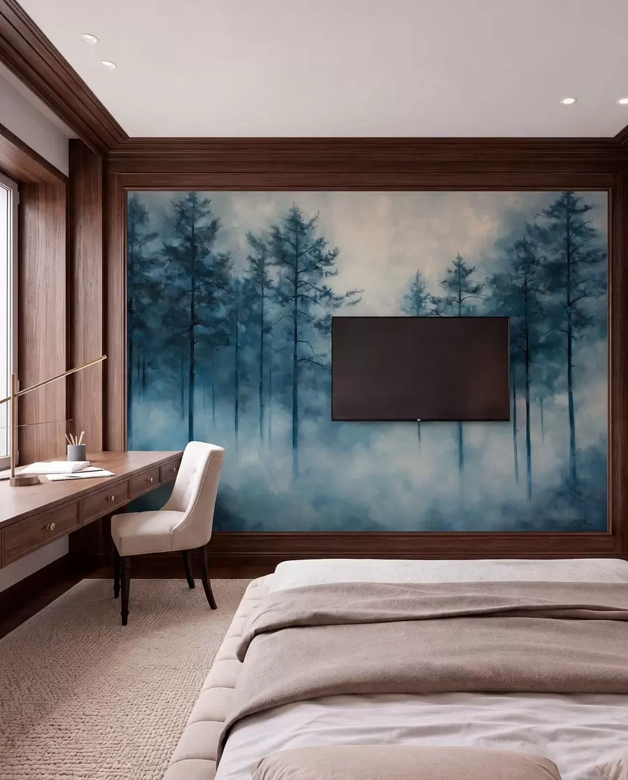 wall murals Mystical forest, pine trees, fog, acrylic paint, deep blue colors w02149