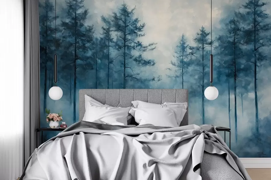 wall murals Mystical forest, pine trees, fog, acrylic paint, deep blue colors w02149