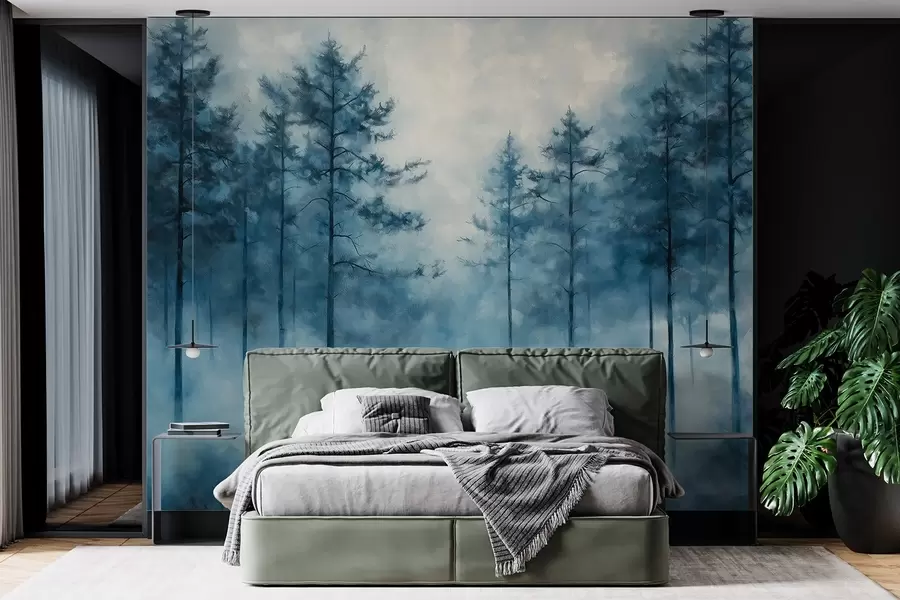 Wall Mural Photo Wallpaper Mystical forest, pine trees, fog, acrylic paint, deep blue colors w02149