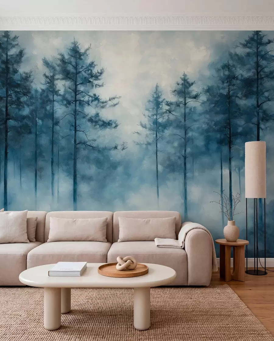 peintures murales Forêt mystique, pins, brouillard, peinture acrylique, couleurs bleues profondes w02149