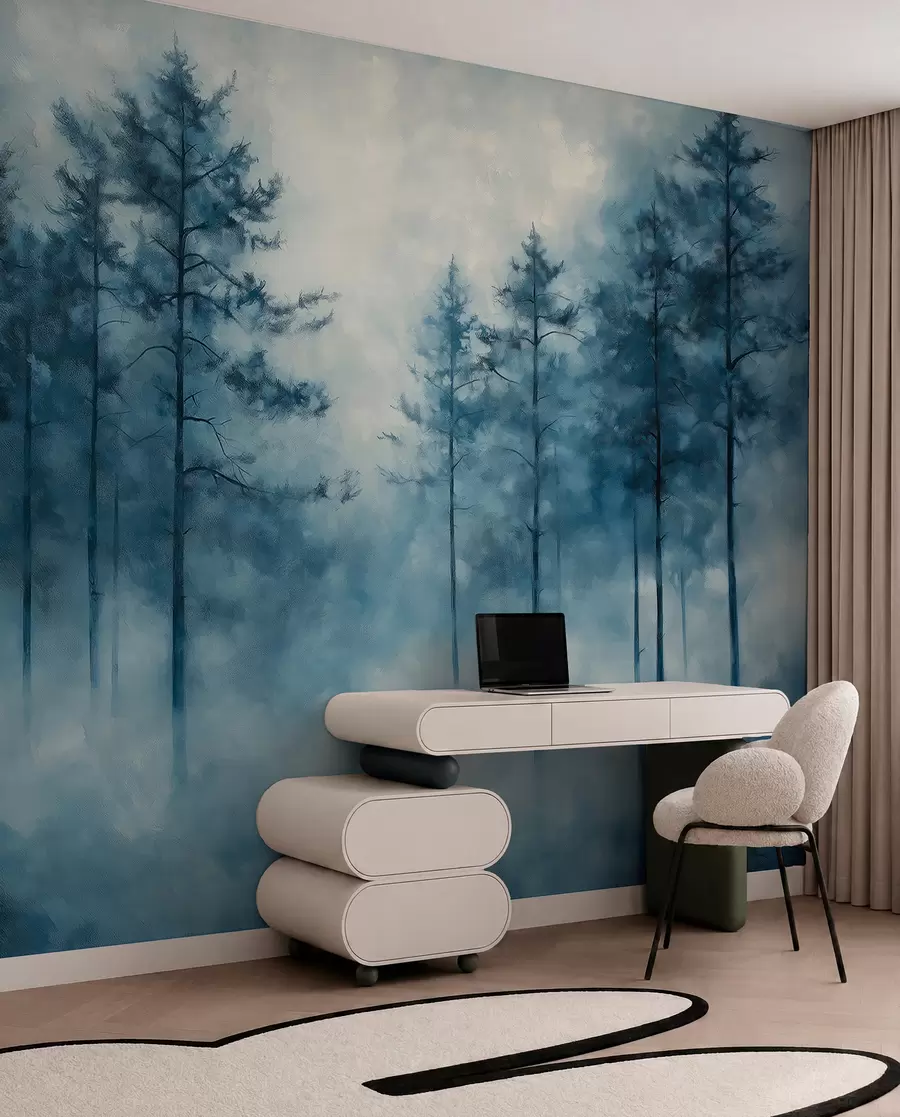 Wall Mural Photo Wallpaper Mystical forest, pine trees, fog, acrylic paint, deep blue colors w02149