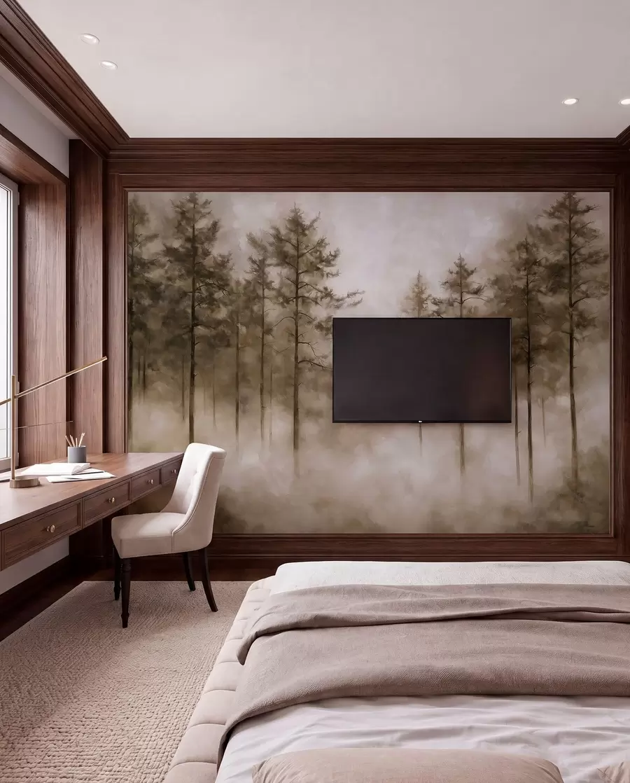 Wall Mural Photo Wallpaper Mystical forest, pine trees, fog, acrylic paint, beige colors w02149v1