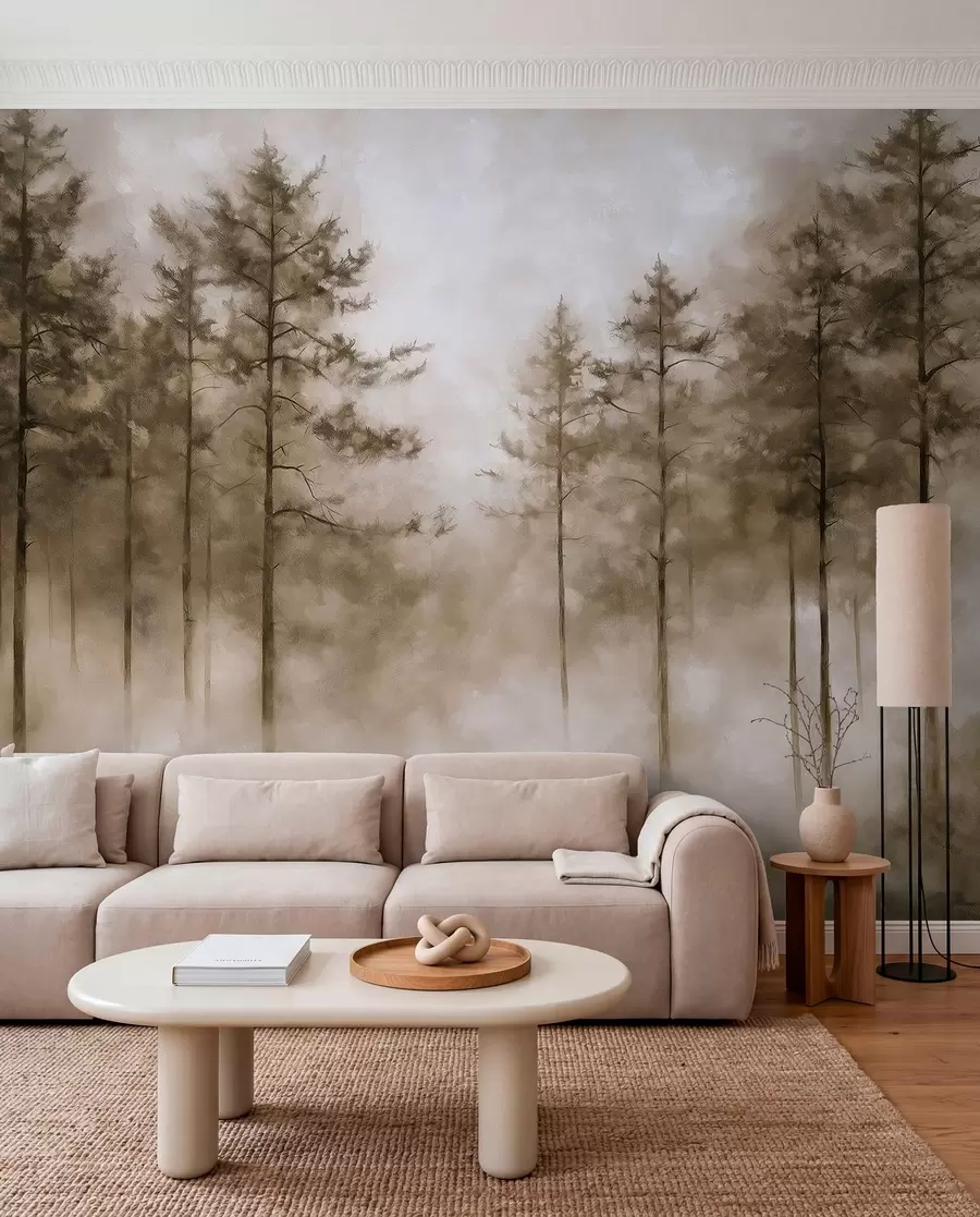 Wall Mural Photo Wallpaper Mystical forest, pine trees, fog, acrylic paint, beige colors w02149v1