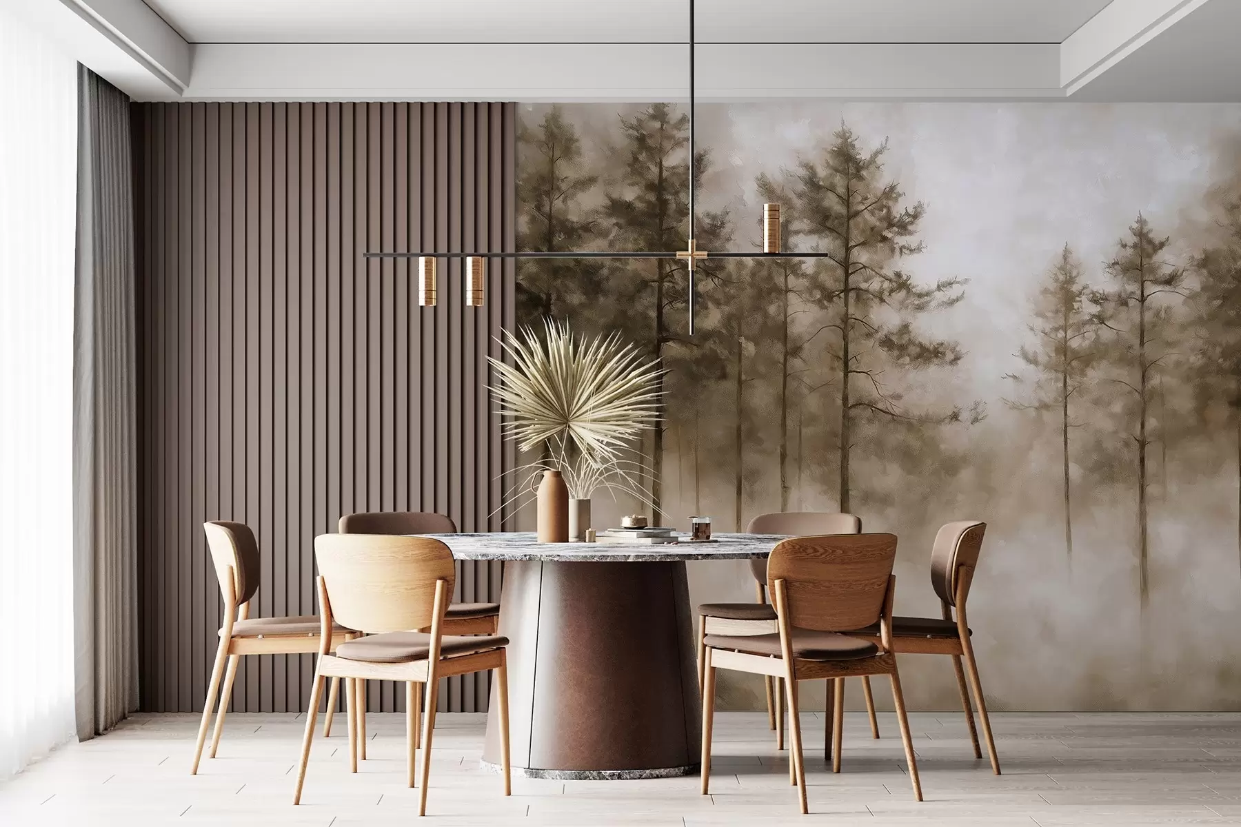 Wall Mural Photo Wallpaper Mystical forest, pine trees, fog, acrylic paint, beige colors w02149v1