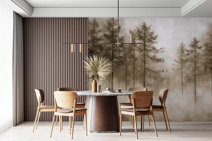 murales Bosque místico, pinos, niebla, pintura acrílica, colores beige w02149v1