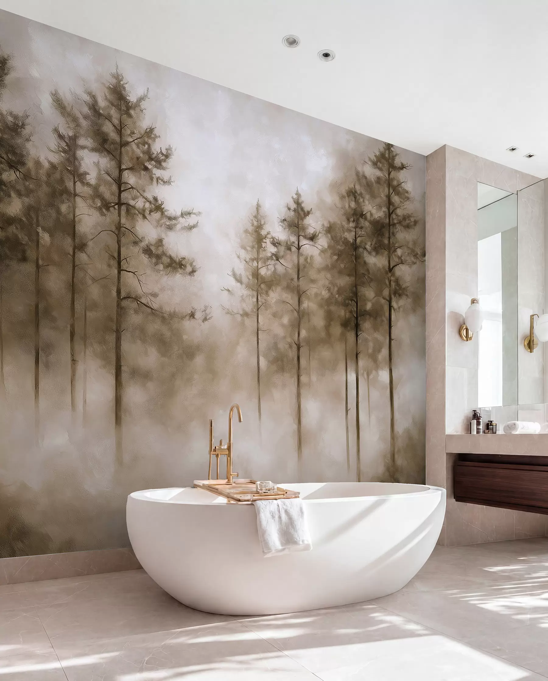 Wall Mural Photo Wallpaper Mystical forest, pine trees, fog, acrylic paint, beige colors w02149v1