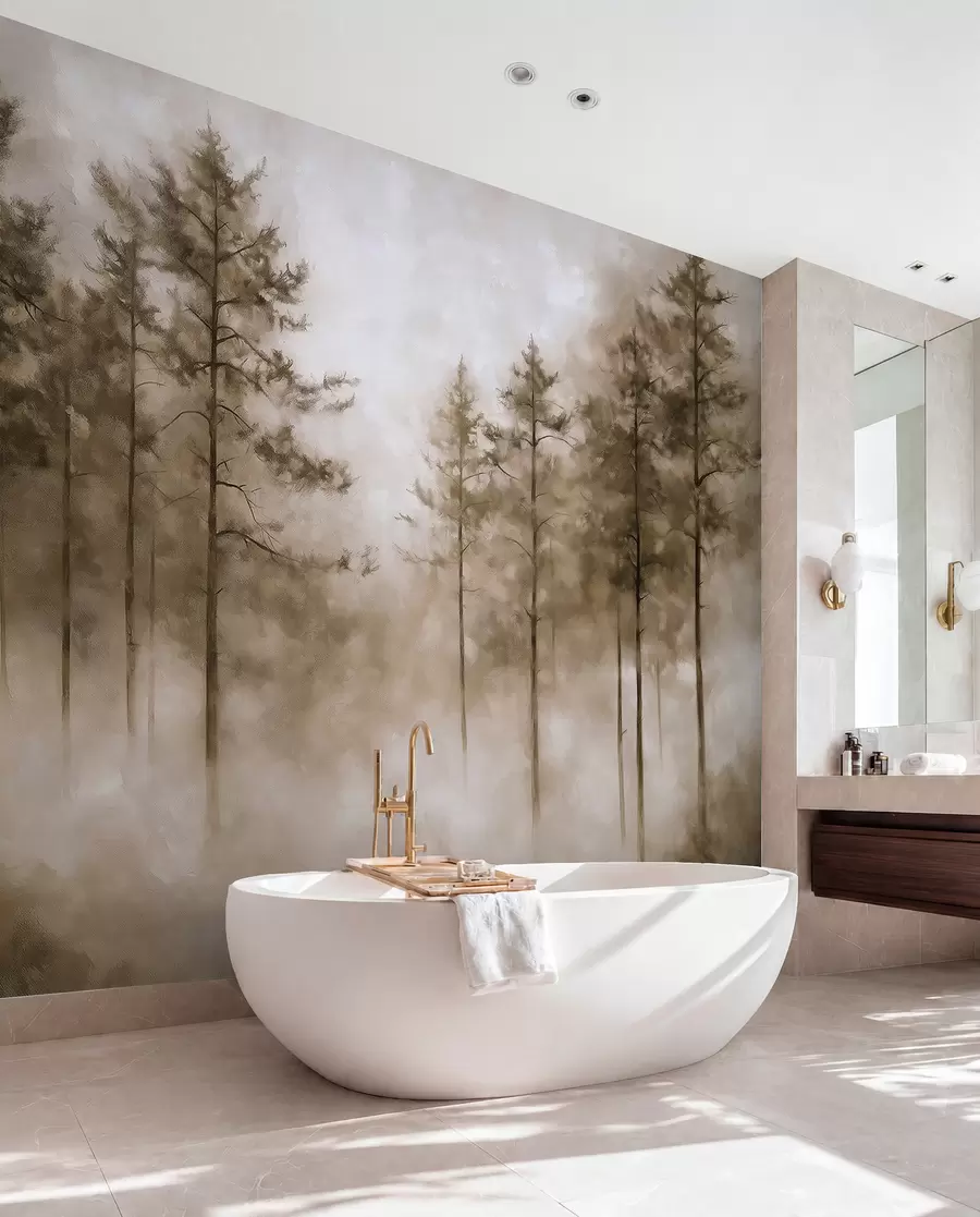 wall murals Mystical forest, pine trees, fog, acrylic paint, beige colors w02149v1