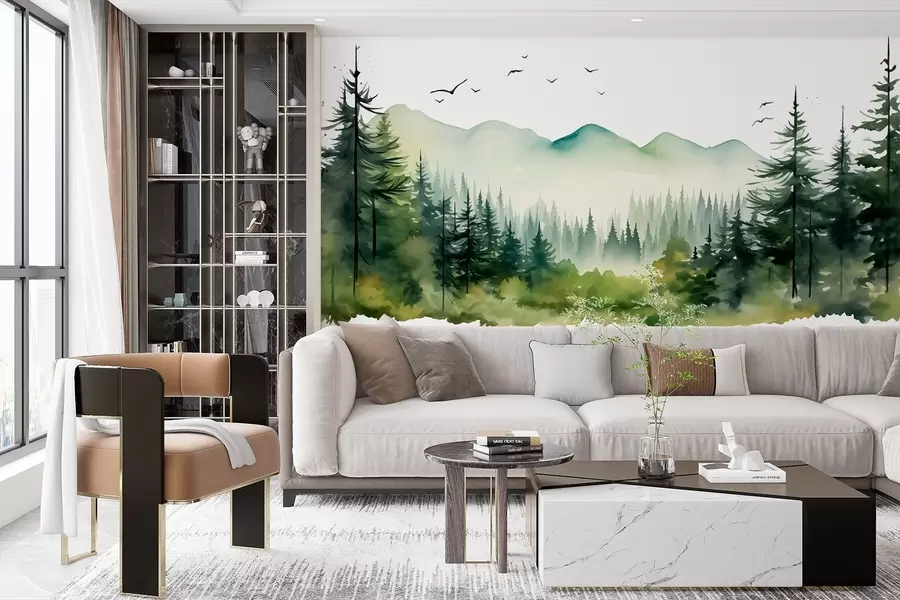 murales Paisajes de bosque y montaña en acuarela, paleta de colores verdes w02150