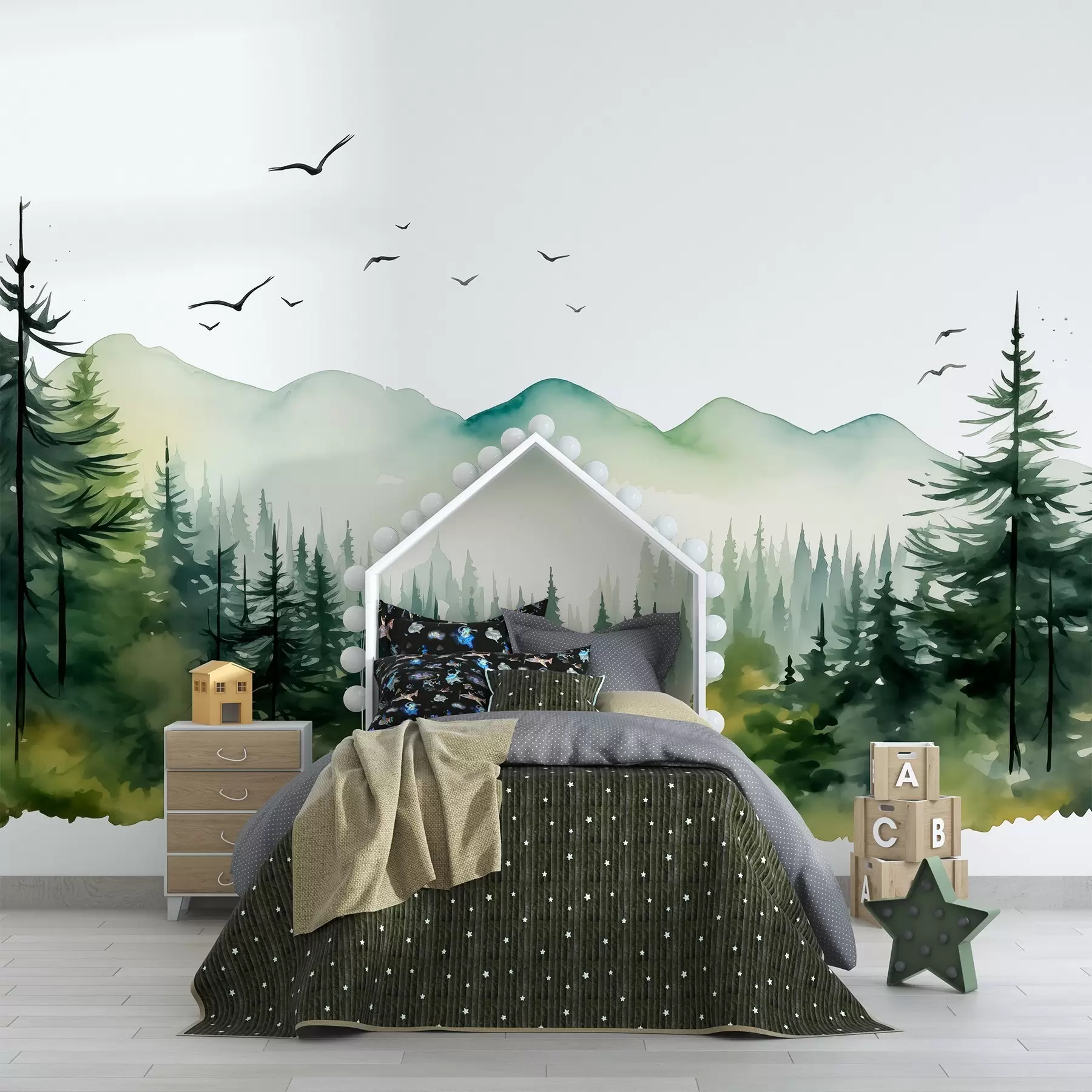Wall Mural Photo Wallpaper Watercolor forest and mountain landscapes, green color palette  w02150