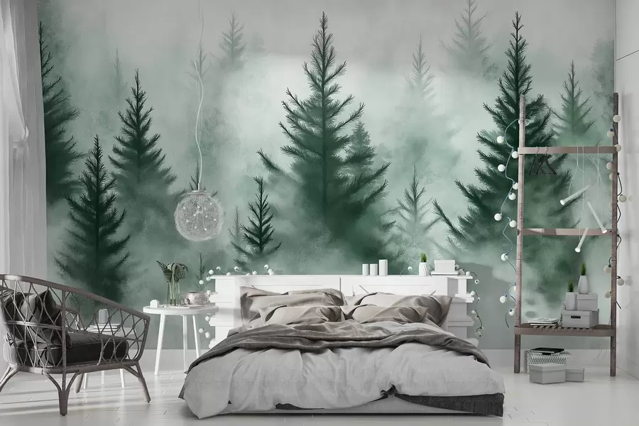 murais de parede Floresta no nevoeiro, pinheiros, aguarela, cores verdes w02152v1