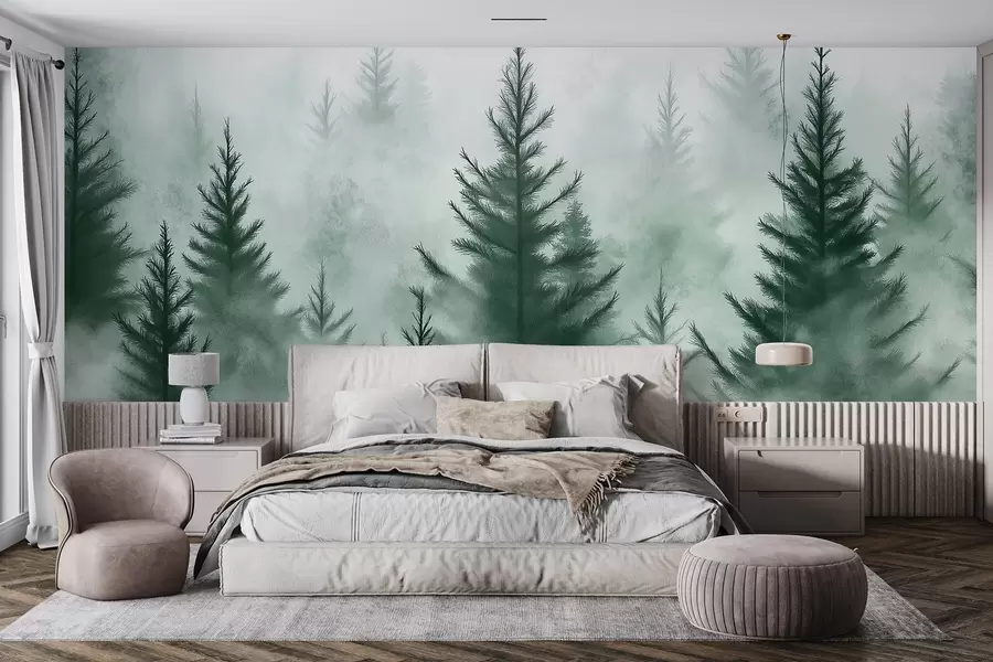 Wall Mural Photo Wallpaper Forest in the mist, pine trees, watercolor, green colors w02152v1