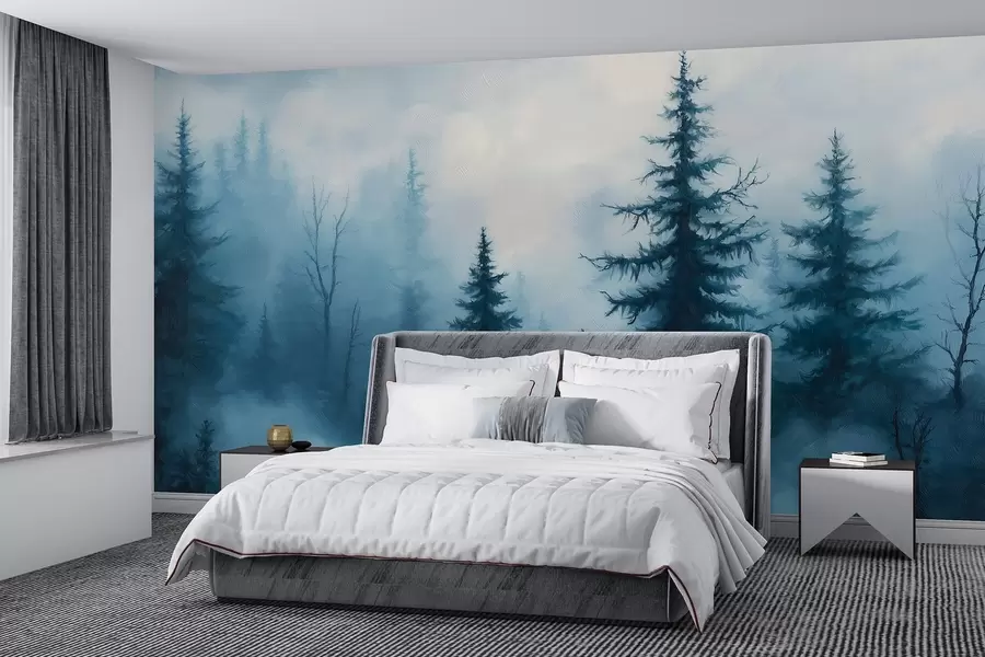 murales Bosque azul oscuro, pintura al óleo, pinceladas, naturaleza w02153