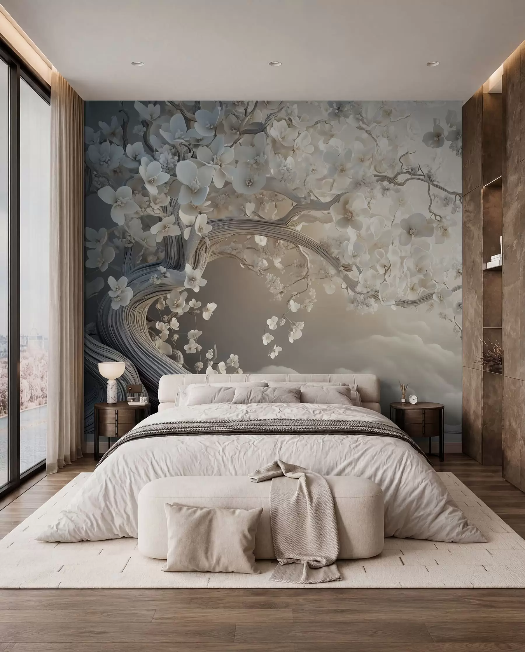 wall murals A charming tree with white flowers against the background of clouds in an interesting style in delicate warm colors w02133
