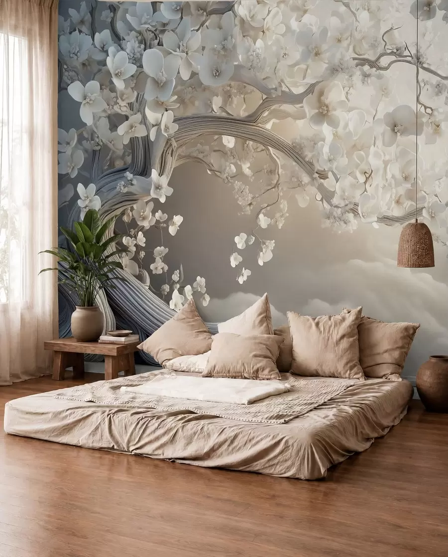 wall murals A charming tree with white flowers against the background of clouds in an interesting style in delicate warm colors w02133