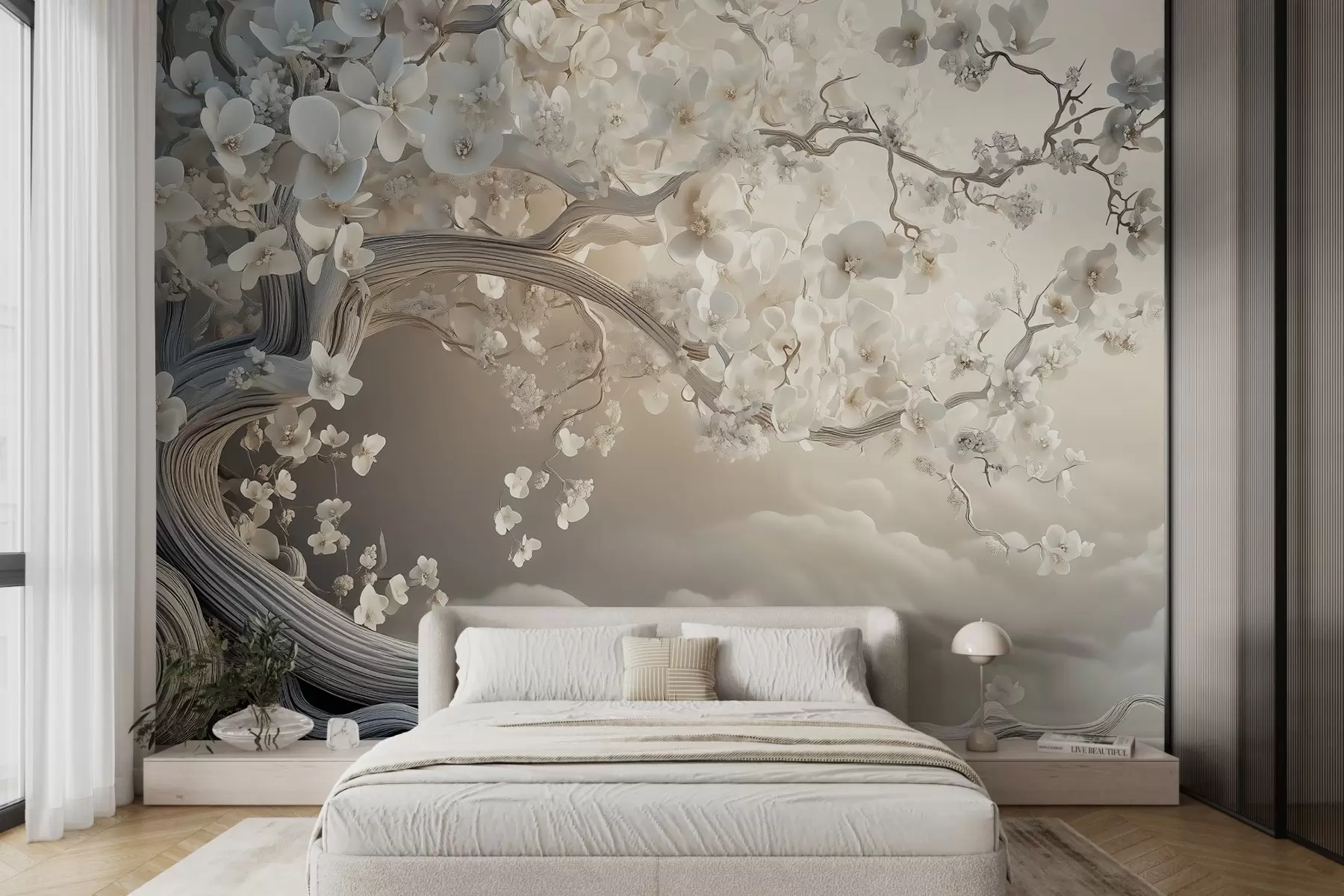 Wall Mural Photo Wallpaper A charming tree with white flowers against the background of clouds in an interesting style in delicate warm colors w02133