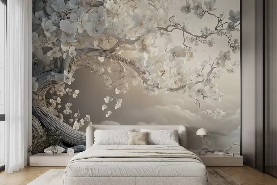 Wall Mural Photo Wallpaper A charming tree with white flowers against the background of clouds in an interesting style in delicate warm colors w02133