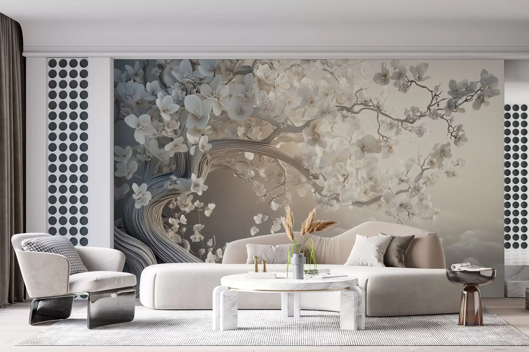 peintures murales Un arbre charmant avec des fleurs blanches sur fond de nuages dans un style intéressant aux couleurs chaudes et délicates w02133