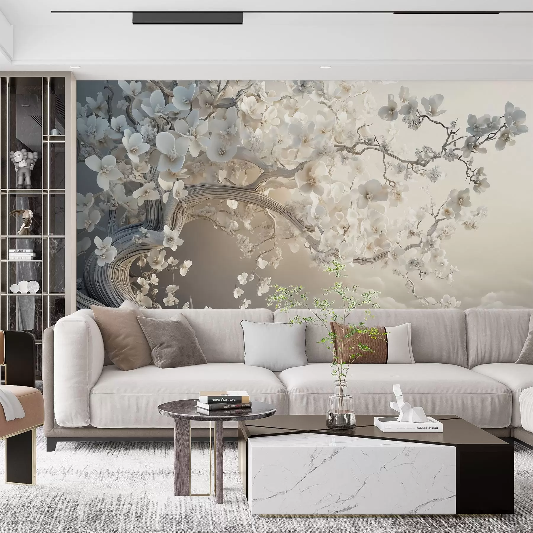 Wall Mural Photo Wallpaper A charming tree with white flowers against the background of clouds in an interesting style in delicate warm colors w02133
