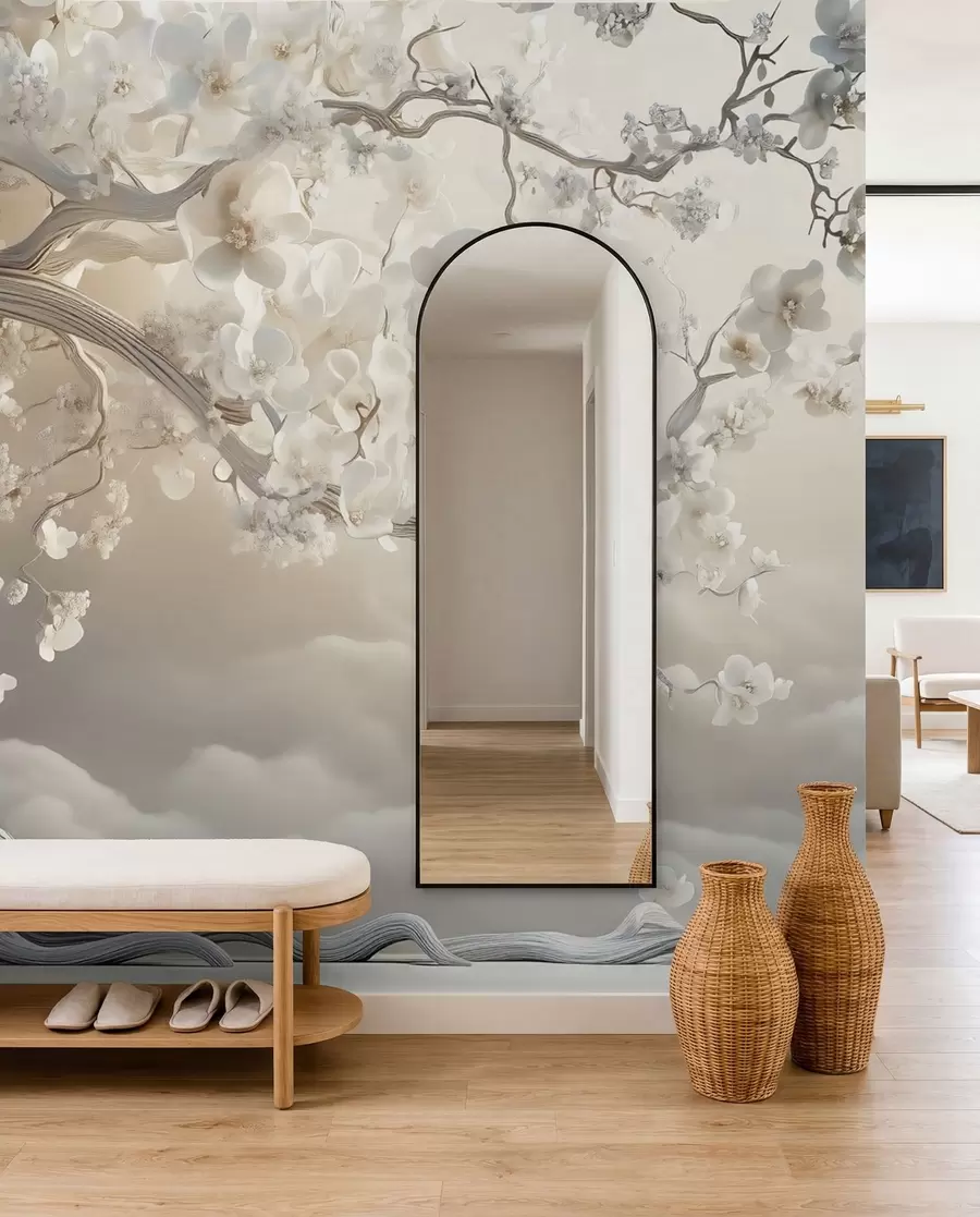 peintures murales Un arbre charmant avec des fleurs blanches sur fond de nuages dans un style intéressant aux couleurs chaudes et délicates w02133