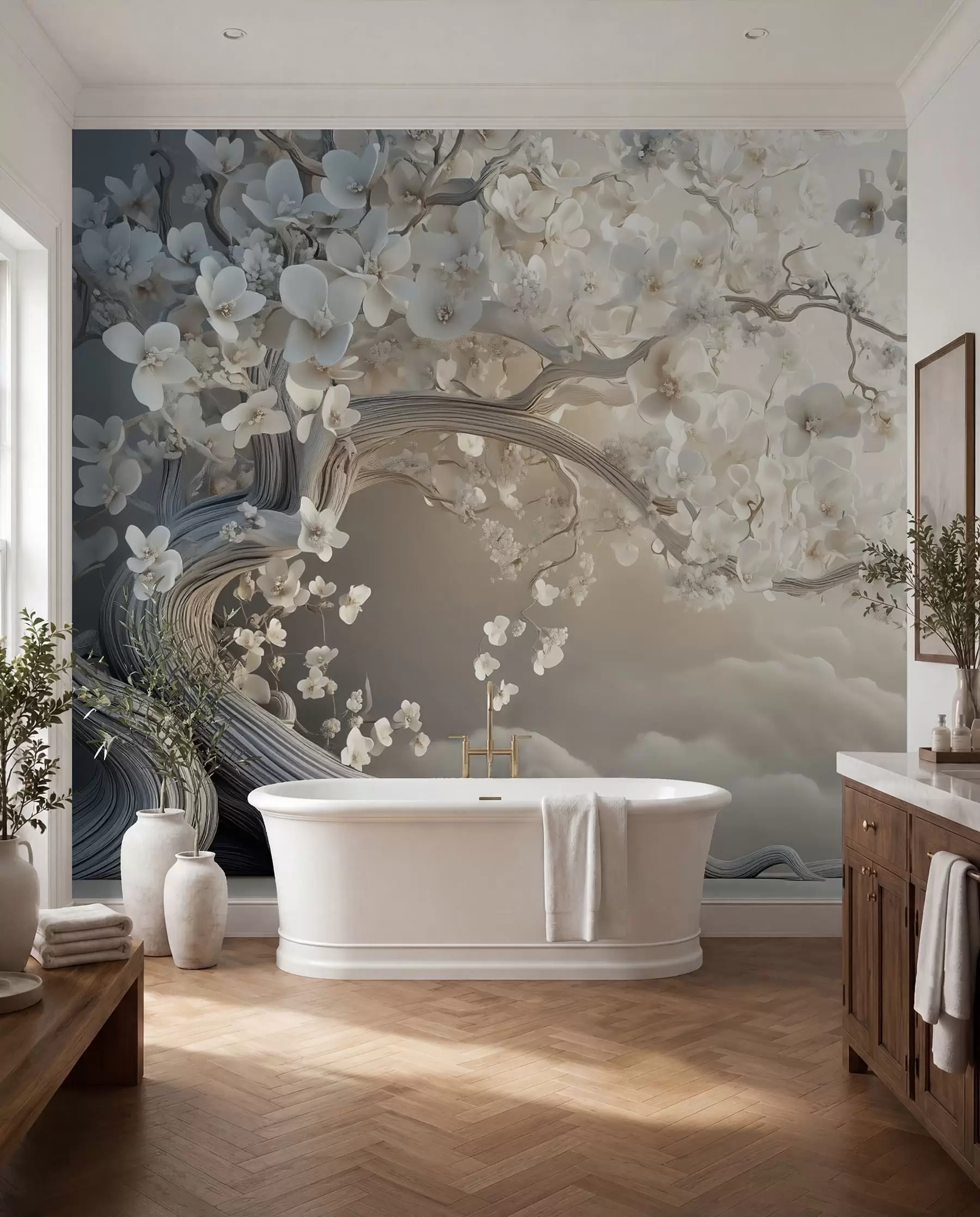 wall murals A charming tree with white flowers against the background of clouds in an interesting style in delicate warm colors w02133