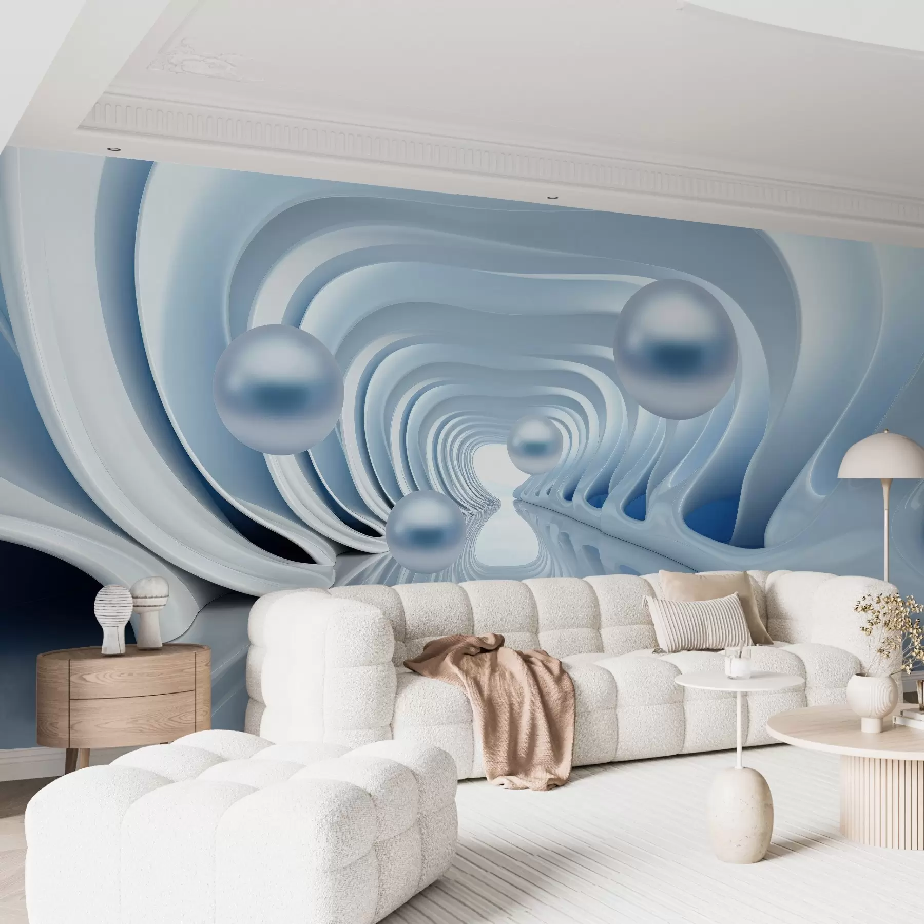 wall murals Futuristic wallpaper with a panorama of the tunnel in perspective and flying pearls w02134