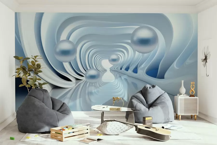 murais de parede Papel de parede futurista com um panorama do túnel em perspetiva e pérolas voadoras w02134