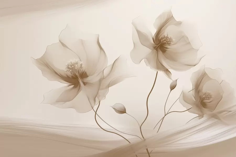 peintures murales Trois fleurs gracieuses aux pétales translucides, entrelacées de rubans de lumière et de vent dans les tons beiges w01932