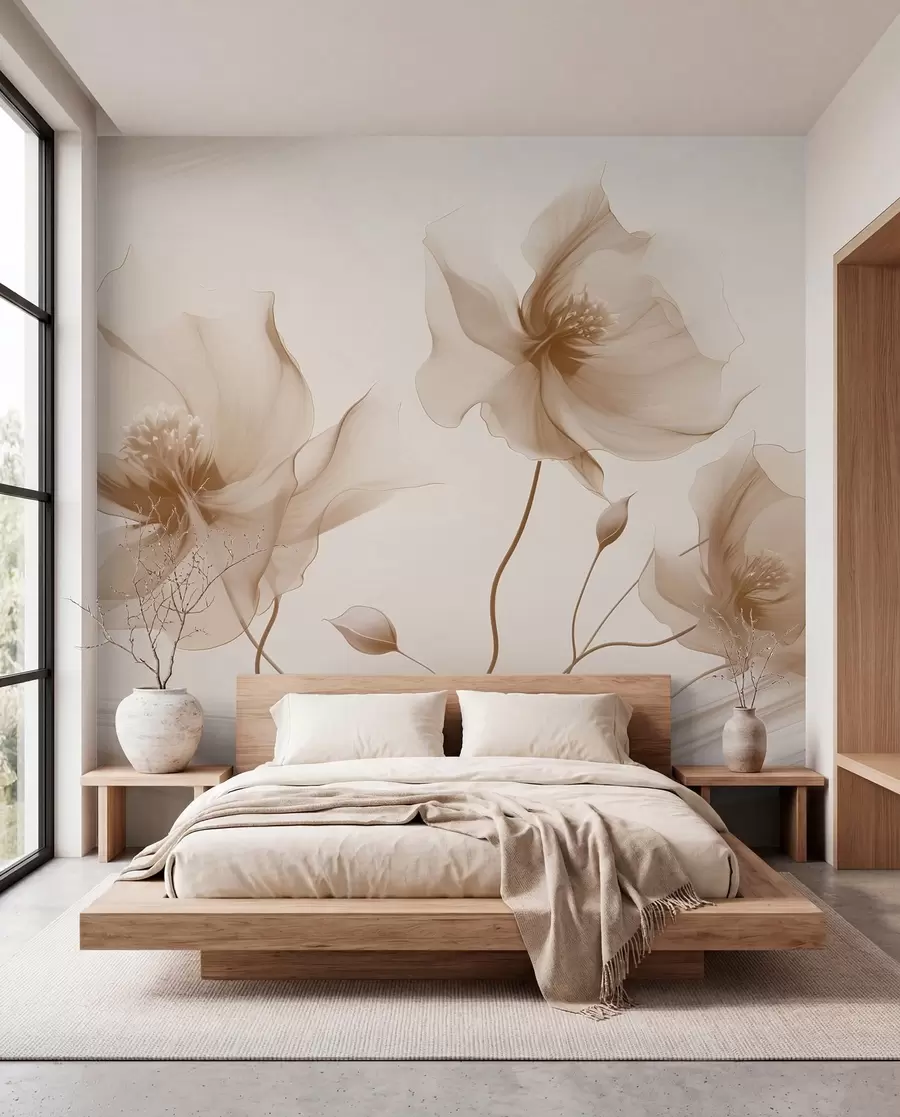 wall murals Three graceful flowers with translucent petals, intertwined with ribbons of light and wind  in beige tones w01932