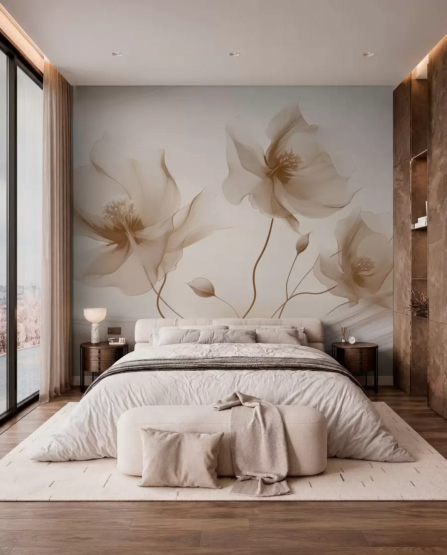 peintures murales Trois fleurs gracieuses aux pétales translucides, entrelacées de rubans de lumière et de vent dans les tons beiges w01932