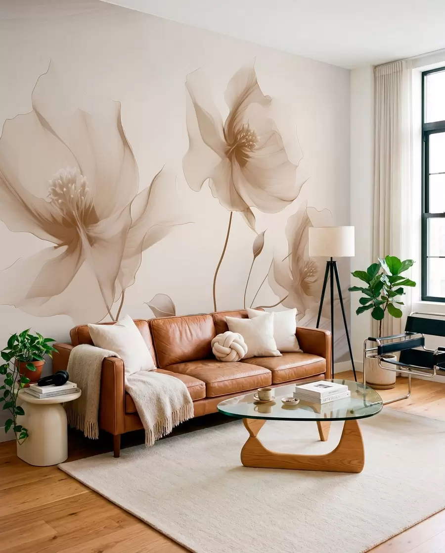 Wall Mural Photo Wallpaper Three graceful flowers with translucent petals, intertwined with ribbons of light and wind  in beige tones w01932