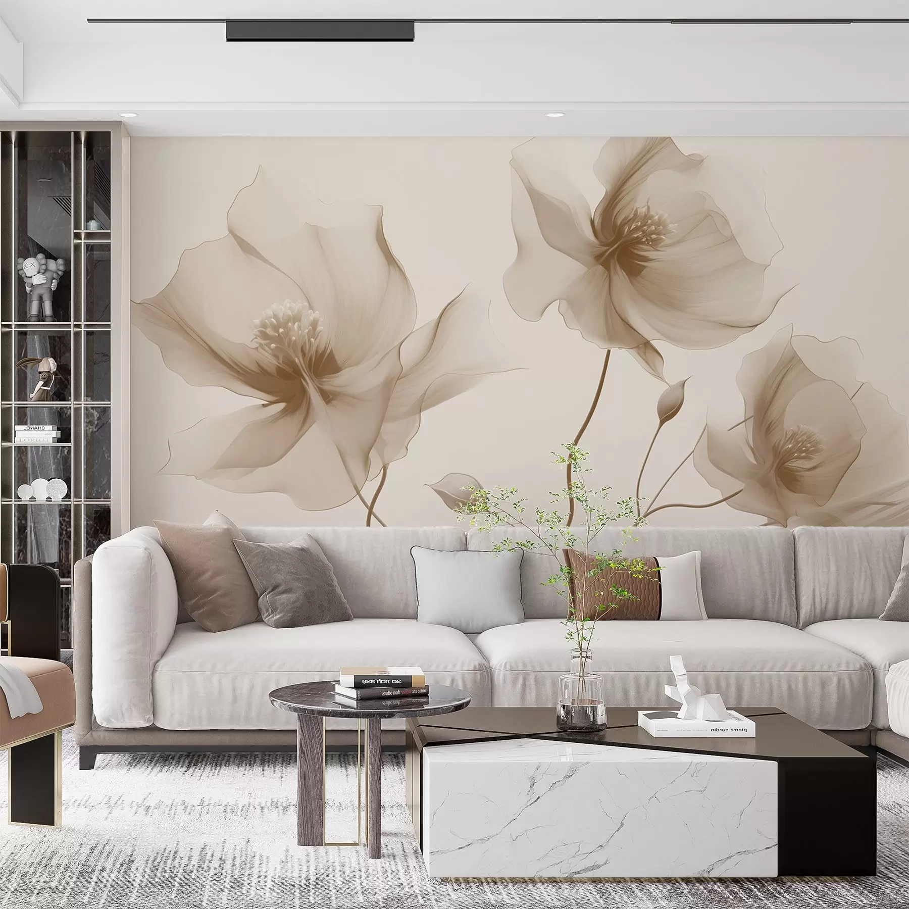 peintures murales Trois fleurs gracieuses aux pétales translucides, entrelacées de rubans de lumière et de vent dans les tons beiges w01932