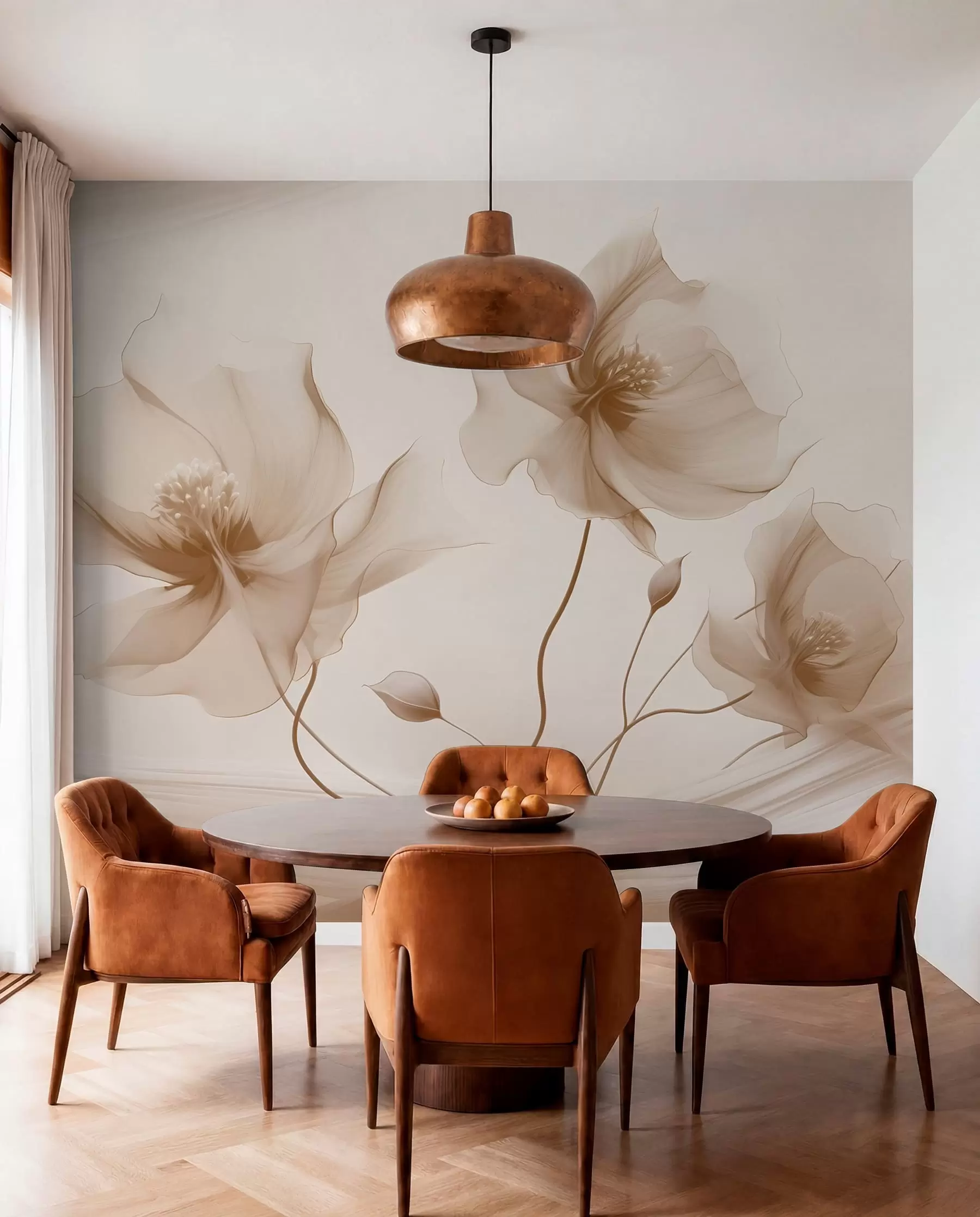 wall murals Three graceful flowers with translucent petals, intertwined with ribbons of light and wind  in beige tones w01932