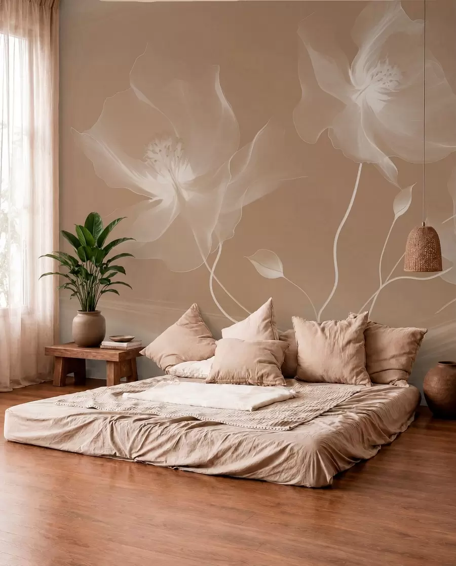 wall murals Three graceful flowers with translucent petals, intertwined with ribbons of light and wind in sepia w01932v1
