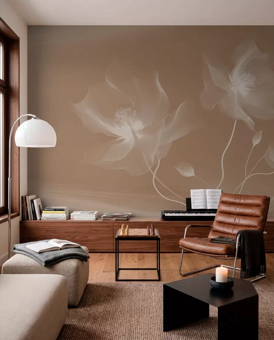 Wall Mural Photo Wallpaper Three graceful flowers with translucent petals, intertwined with ribbons of light and wind in sepia w01932v1